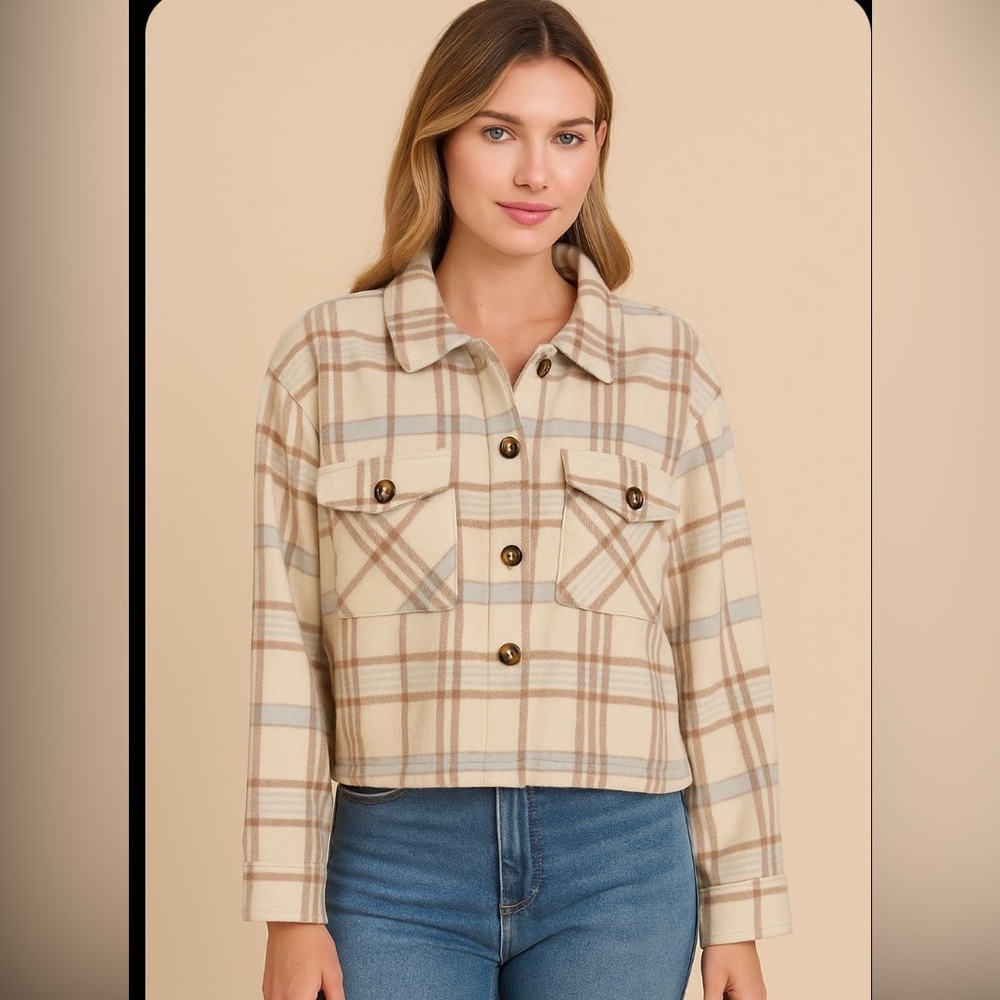 Active Usa Boutique Plaid Shacket Blues, Tans, Si… - image 1